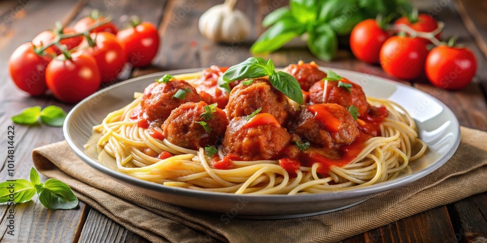 Delicious plate of spaghetti and meatballs with a savory tomato sauce , Italian cuisine, comfort food, pasta, meatballs Delicious plate of spaghetti and meatballs with a savory tomato sauce , Italian cuisine, comfort food, pasta, meatballs
