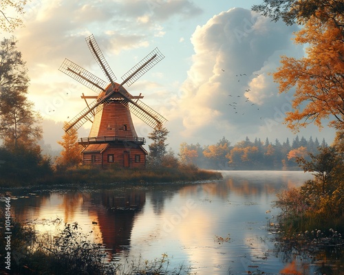 Traditional wooden windmill its blades turning slowly placed beside a serene lake reflecting trees and the mill photo