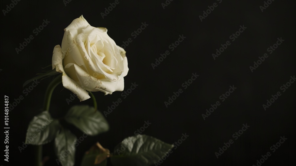 Fototapeta premium Close-up of a single white rose on a black background, symbolizing mourning and remembrance, slightly wilted to emphasize the somber theme.