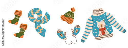 Cozy stylish winter clothes flat color vector objects set. Sweater hat scarf mittens and socks to keep warm illustrations on white background