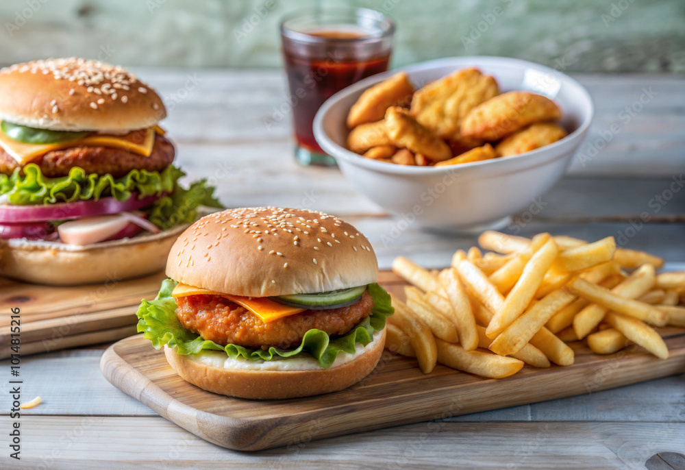 Fast food close-up, French fries, chicken nuggets, sauce, burger. The concept of fast food Fast food close-up, French fries, chicken nuggets, sauce, burger. The concept of fast food