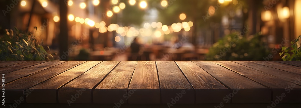 3. **Evening Glow:** Depict an empty wooden table at dusk, softly illuminated by enchanting bokeh lights. The hazy outlines of an outdoor cafe filled with patrons enjoying dinner create a magical