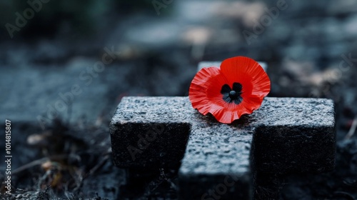 A red poppy is on top of a stone cross photo