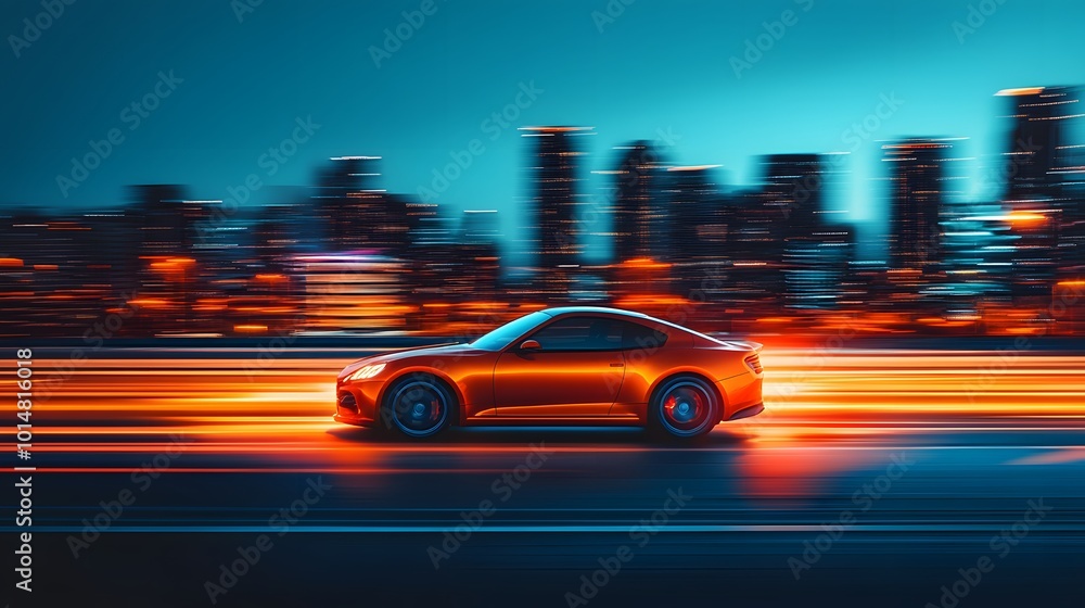 Car with a futuristic cityscape in the background, featuring glowing lights and modern buildings Car with a futuristic cityscape in the background, featuring glowing lights and modern buildings