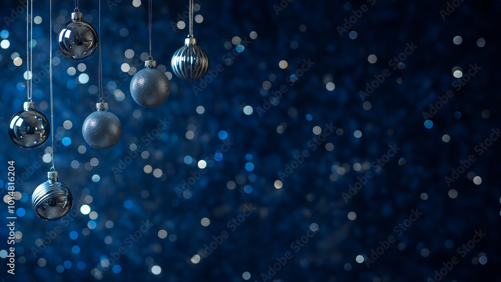 Eleganter blauer Weihnachtshintergrund: Glänzende Kugeln und funkelnder Glitzer. Festliche Atmosphäre in kühlem Farbton. Perfekt für Grußkarten und Winterdesigns Eleganter blauer Weihnachtshintergrund: Glänzende Kugeln und funkelnder Glitzer. Festliche Atmosphäre in kühlem Farbton. Perfekt für Grußkarten und Winterdesigns