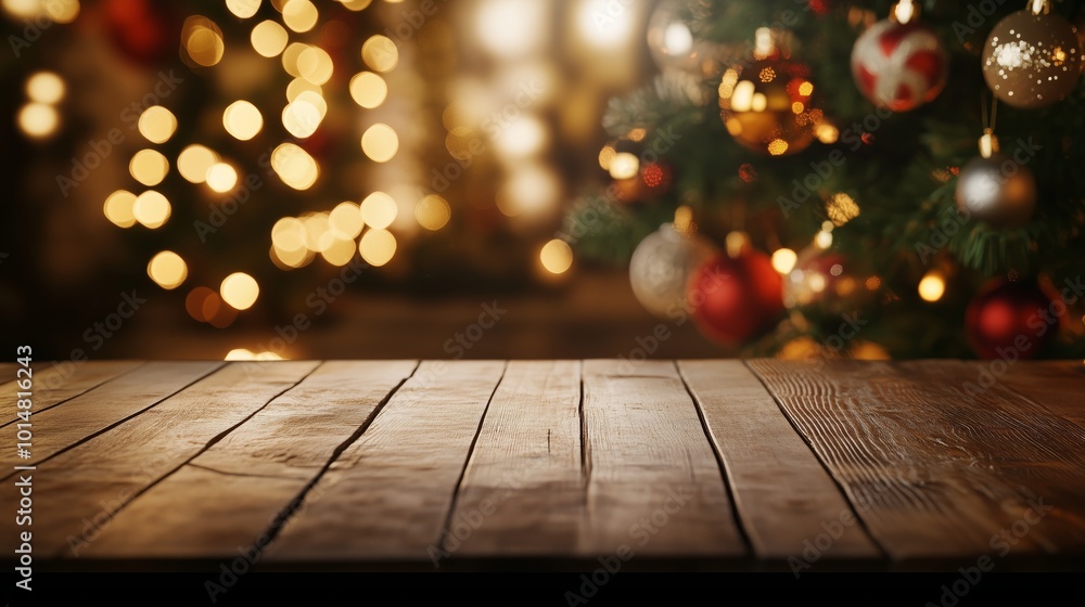 A scene featuring an empty wooden table top with a blurred Christmas background. A scene featuring an empty wooden table top with a blurred Christmas background.