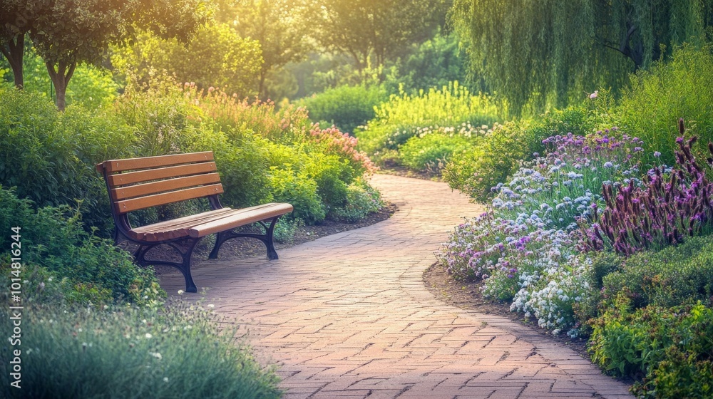 Serene Garden Path with Wooden Bench in Blooming Landscape Serene Garden Path with Wooden Bench in Blooming Landscape