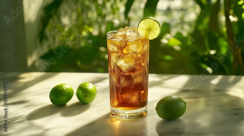 A glass of Long Island iced tea with lime and limes on the side.