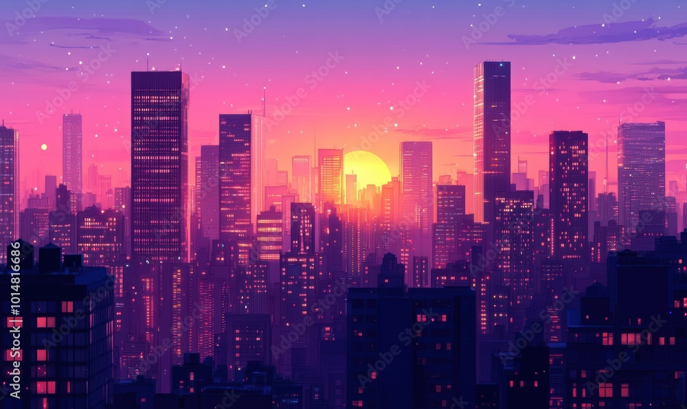 Fototapeta premium A colorful sunset over a cityscape with glowing skyscrapers and a star-filled sky.