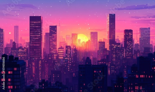 Wallpaper Mural A colorful sunset over a cityscape with glowing skyscrapers and a star-filled sky. Torontodigital.ca