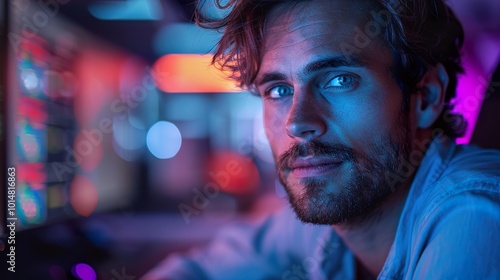 Intense Portrait of a Man in Blue and Pink Light