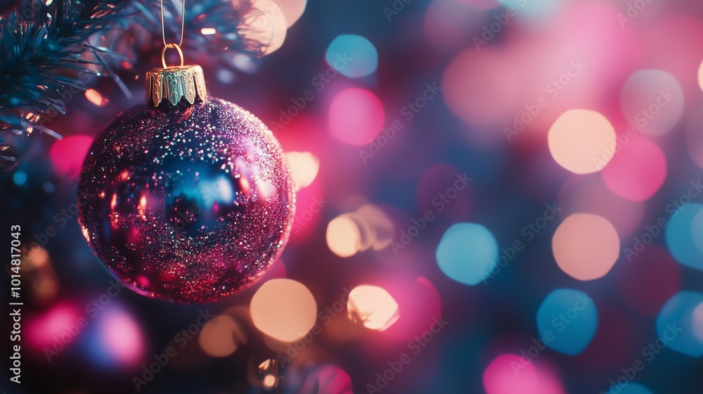 Close-up of a Christmas tree ornament against a neon background with a bokeh effect. Close-up of a Christmas tree ornament against a neon background with a bokeh effect.