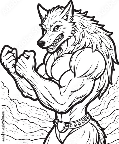 A crazy wolf flexing his biceps. Ferocious athlete wolf posing line art vector coloring page for kids 
