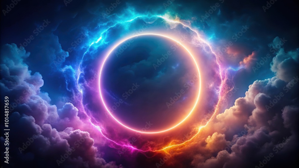 Obraz premium Colorful neon ring glowing inside stormy cloud on dark sky, abstract background, render, neon, ring, glowing, stormy