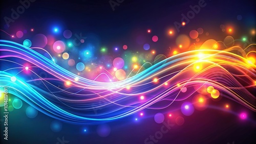 Abstract neon background with glowing wavy lines and colorful bokeh lights, render, abstract, neon, background