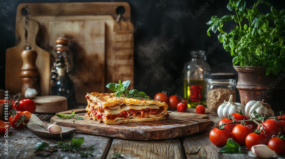 Delicious Homemade Lasagna on a Rustic Wooden Board Delicious Homemade Lasagna on a Rustic Wooden Board
