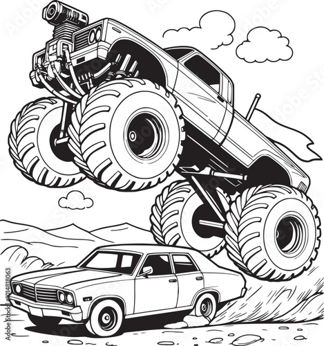 Ultimate monster truck jump, a thrilling coloring page of a powerful truck leaping over cars with a roaring engine and waving flag