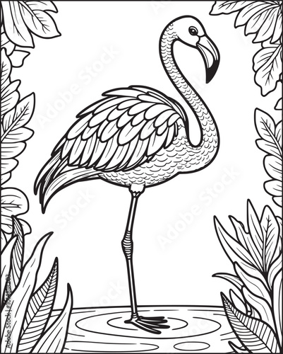 Beautiful flamingo standing on water. vector Summer coloring page for children and adults