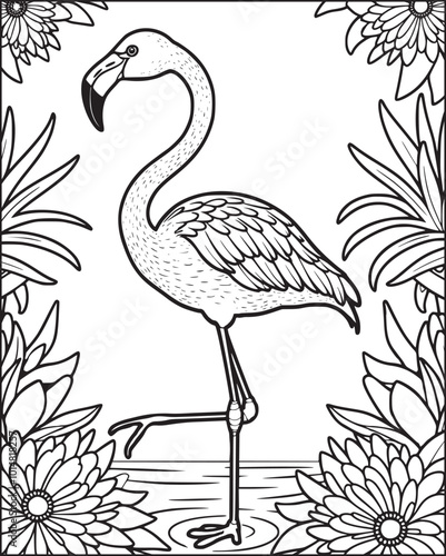 Beautiful flamingo standing on water. vector Summer coloring page for children and adults