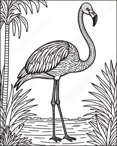 Beautiful flamingo standing on water. vector Summer coloring page for children and adults