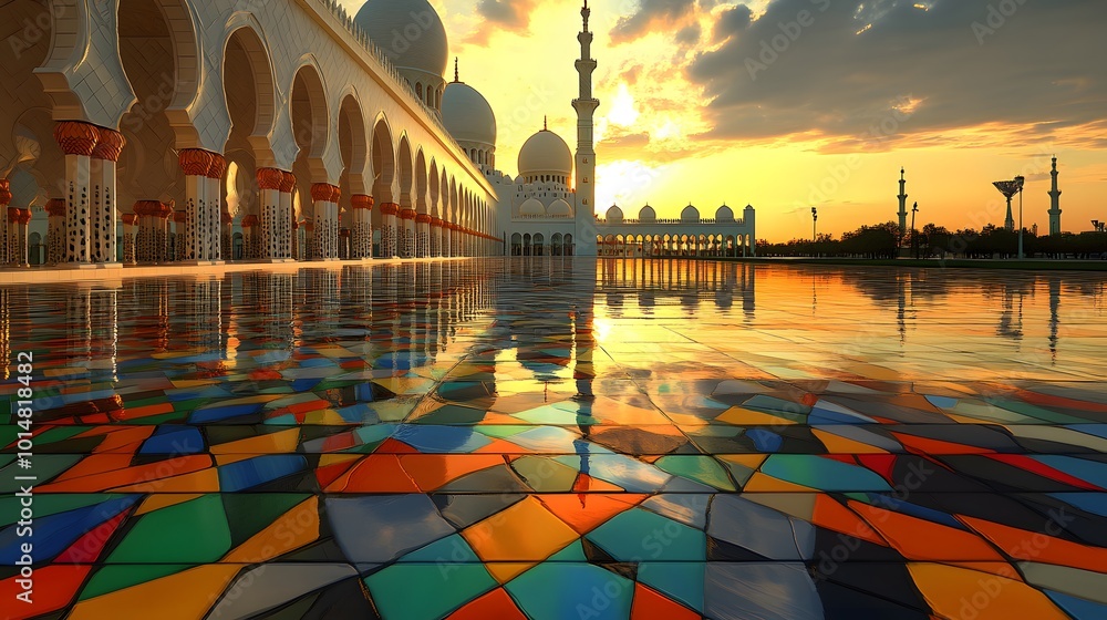 Mosque illustration in an abstract art style with bold, vibrant colors ...