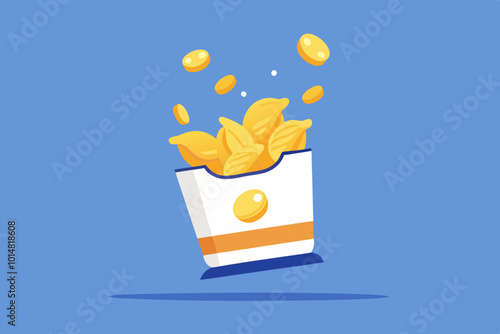 Crispy ripple potato chips flying into pack stock vector illustration photo