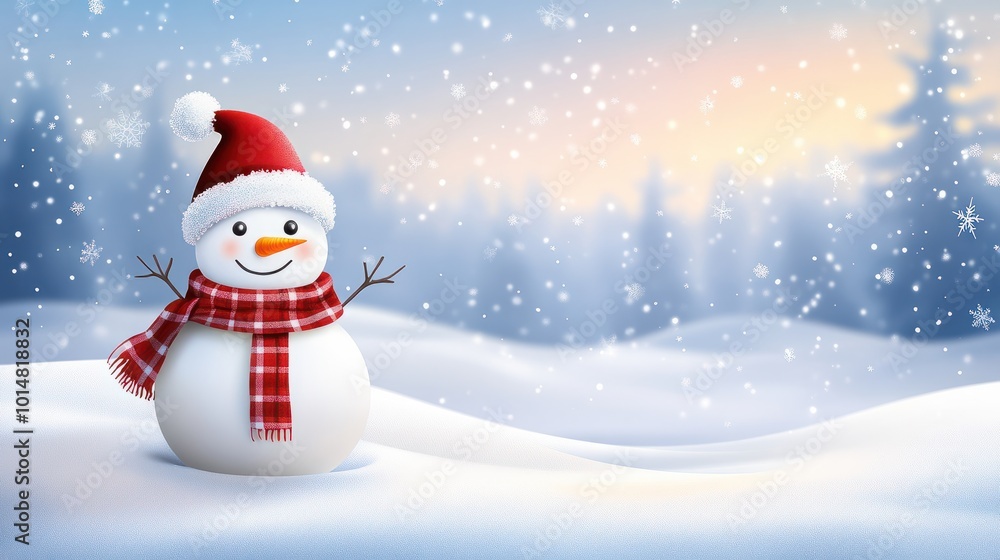 Merry christmas and happy new year greeting card with copy-space.Happy snowman standing in christmas landscape.Snow background.Winter fairytale. Merry christmas and happy new year greeting card with copy-space.Happy snowman standing in christmas landscape.Snow background.Winter fairytale.