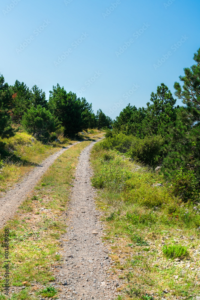 Unpaved road under blue sky through the hilly landscape of the Croatian Mountains. Unpaved road under blue sky through the hilly landscape of the Croatian Mountains.