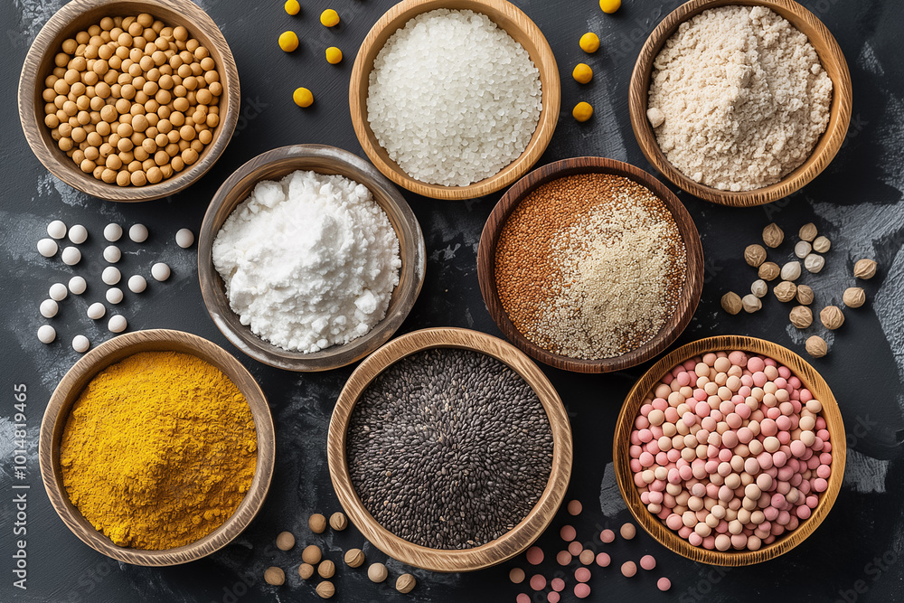 A diverse array of spices and seasonings is neatly displayed in wooden bowls, providing a colorful and aromatic selection for cooking enthusiasts to explore A diverse array of spices and seasonings is neatly displayed in wooden bowls, providing a colorful and aromatic selection for cooking enthusiasts to explore