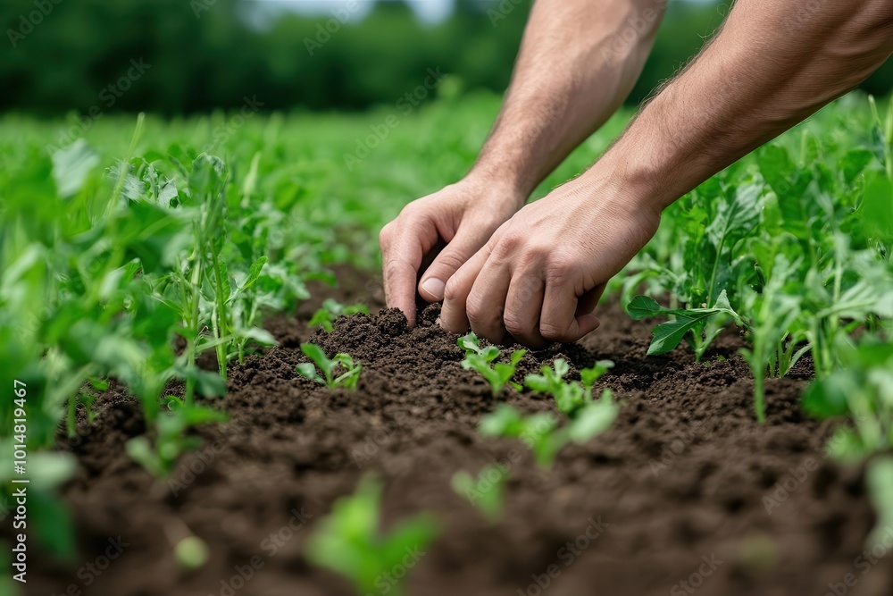 A person planting seedlings in rich, dark soil, nurturing new growth in a vibrant garden environment. A person planting seedlings in rich, dark soil, nurturing new growth in a vibrant garden environment.