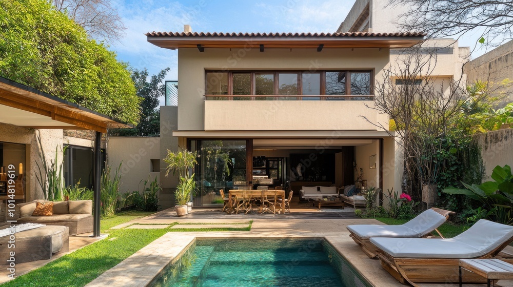 Fototapeta premium Modern House with Pool and Lush Garden