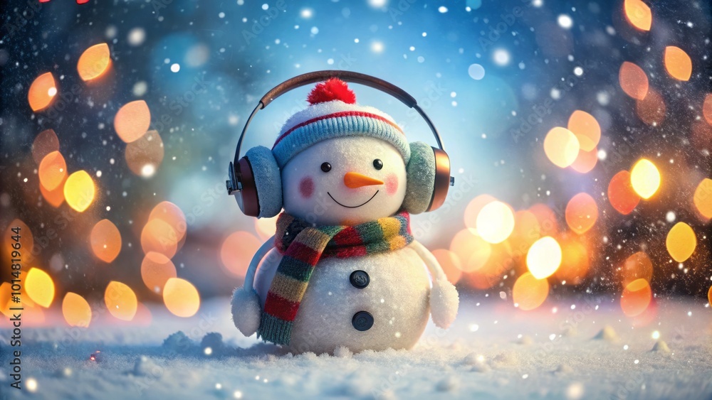 Adorable Snowman with Headphones in Bokeh Background - Winter Fun Scene Adorable Snowman with Headphones in Bokeh Background - Winter Fun Scene
