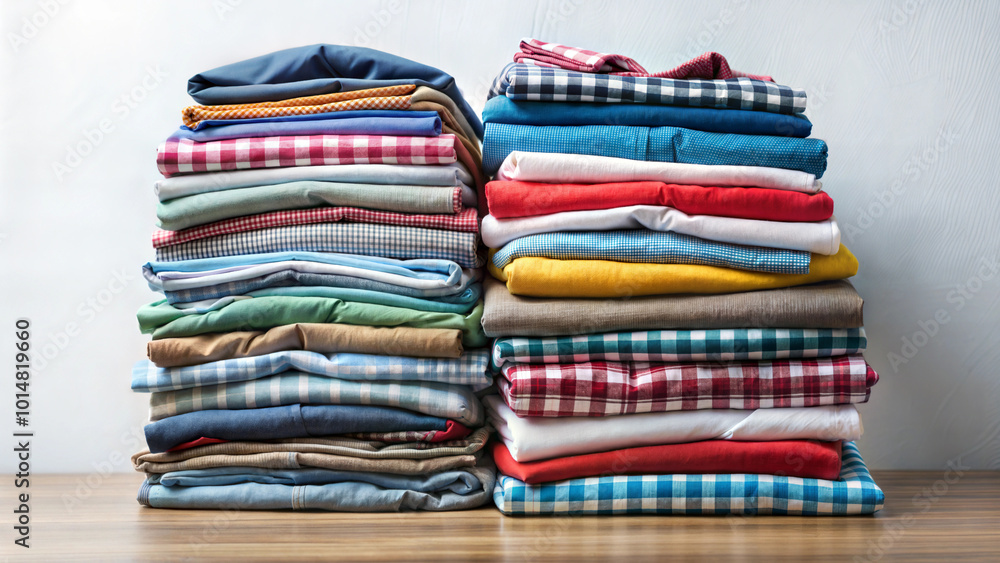 A stacks of clean clothes on a wooden table A stacks of clean clothes on a wooden table