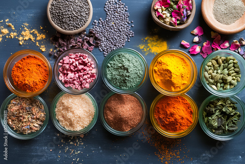 A vibrant assortment of spices is neatly arranged in glass jars atop a dark surface. The rich colors of turmeric, paprika, and herbs create an inviting culinary display