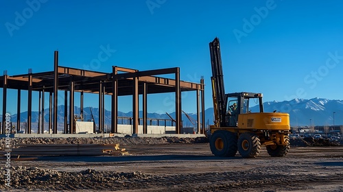 Construction Site with Yellow Forklift and Steel Frame