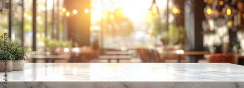 3. **Warm Cafe Ambiance:** Depict an empty white marble stone table top surrounded by cozy cafe decor and inviting lighting. The abstract background captures the essence of a bustling restaurant,