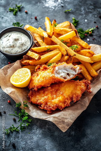 Crispy Fish and Chips with Lemon Wedge and Tartar Sauce – Classic British Pub Food Perfect for Restaurants, Menus, and Marketing Campaigns Featuring Fresh Seafood photo