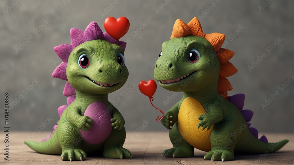 Fototapeta premium Two cute cartoon dinosaurs holding hearts.