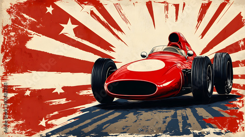 Retro-style racing car poster with bold, colorful graphics and vintage elements