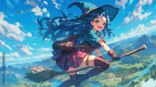 young anime witch with bright blue hair and vibrant outfit, soaring through sky on broomstick with cheerful expression.