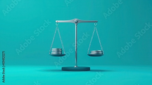 A balanced scale on a teal background, symbolizing justice, fairness, and the weighing of evidence.