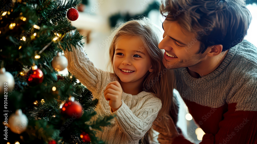 Smiling father with daughter decorating a Christmas tree. Happy family next a New Year tree with silver and red balls. Happy New Year holiday concept. Merry Christmas Smiling father with daughter decorating a Christmas tree. Happy family next a New Year tree with silver and red balls. Happy New Year holiday concept. Merry Christmas