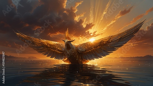 Golden bird with wings spread, sun rising behind. photo