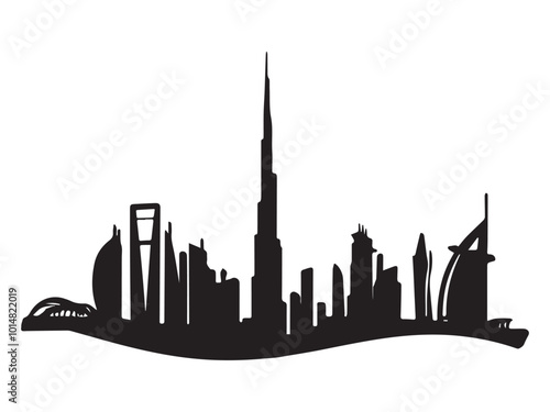 Dubai skyline silhouette with iconic buildings and landmarks in monochrome.
