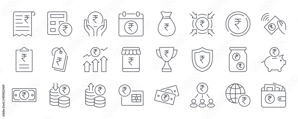 Vector icons of money ₹. National currency of the Republic of India. Banknotes and coins, bank accounts, payments and credit cards. Increase and decrease in value, spending and saving. Editable stroke Vector icons of money ₹. National currency of the Republic of India. Banknotes and coins, bank accounts, payments and credit cards. Increase and decrease in value, spending and saving. Editable stroke