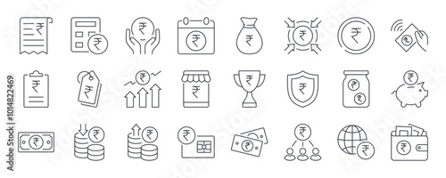 Vector icons of money ₹. National currency of the Republic of India. Banknotes and coins, bank accounts, payments and credit cards. Increase and decrease in value, spending and saving. Editable stroke
