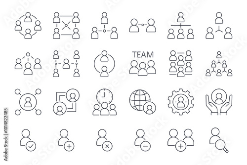 Vector icons business people. Interaction in a team, working group, meetings and communication. Hierarchy and partnership. Human resources and adding new people to the team. Editable stroke line set.