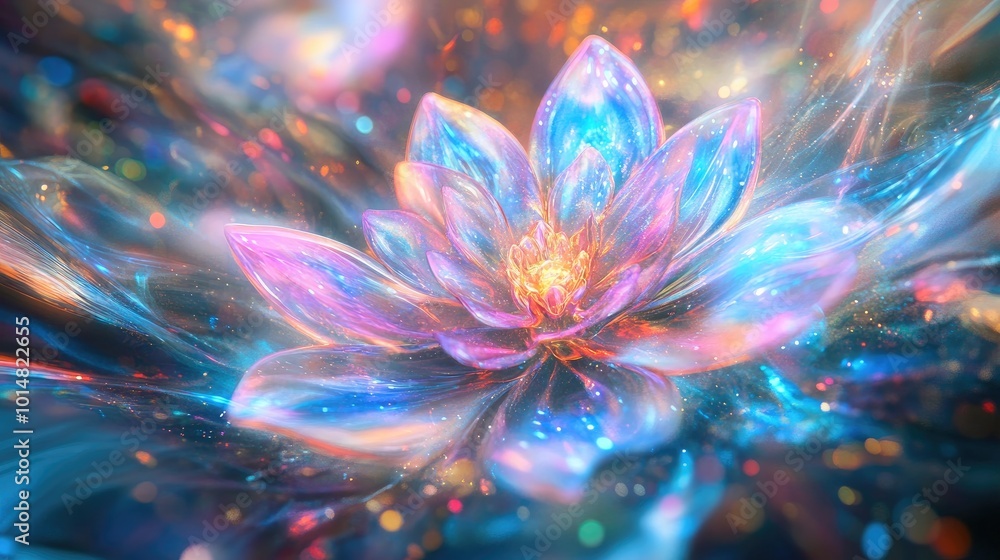 A surreal abstract flower blooming in a field of light, with petals glowing in shades of blue, pink, and purple, evoking a magical atmosphere A surreal abstract flower blooming in a field of light, with petals glowing in shades of blue, pink, and purple, evoking a magical atmosphere