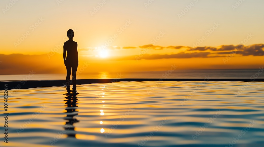 A man in swimming trunks stands in a pool at sunset, silhouetted against the sky. A man in swimming trunks stands in a pool at sunset, silhouetted against the sky.