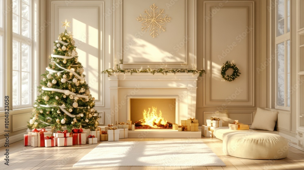 Stylish interior of living room with fireplace decorated Christmas tree. Christmas decoration. Stylish interior of living room with fireplace decorated Christmas tree. Christmas decoration.